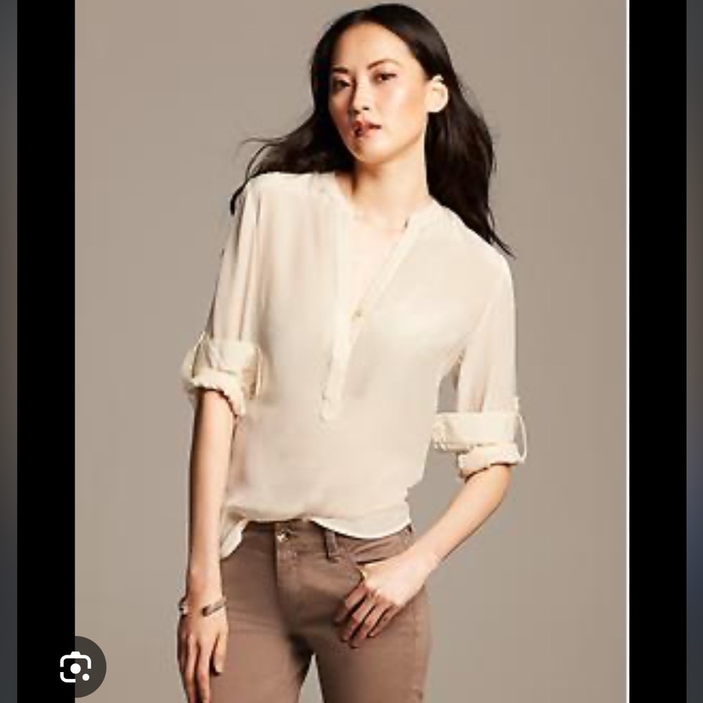 EUC sheer silk blouse. Covered buttons. Very soft off white color.